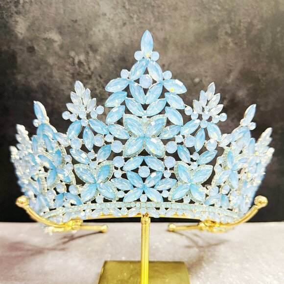Sky Blue Gemstone Crown Wedding Jewelry Silver Crystal Crown Bridal Headpiece